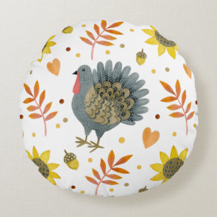 Folk Art Turkeys Round Cushion