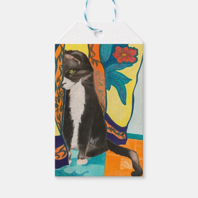 Folk Art Tuxedo Cat Gift Tags (Front)