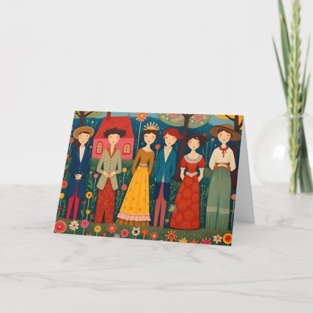 Folk Art Village and People Birthday Card (Front)