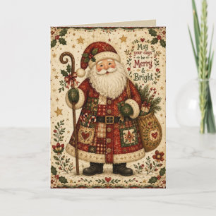Folk Art Vintage Santa Merry and Bright Holiday Ca Card