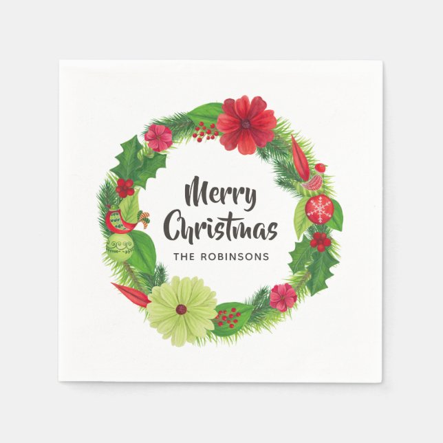 Folk Art Watercolor Floral Christmas Napkin (Front)