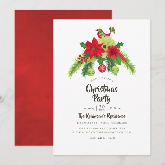 Folk Art Watercolor Floral Christmas Party Invitation (Front/Back)