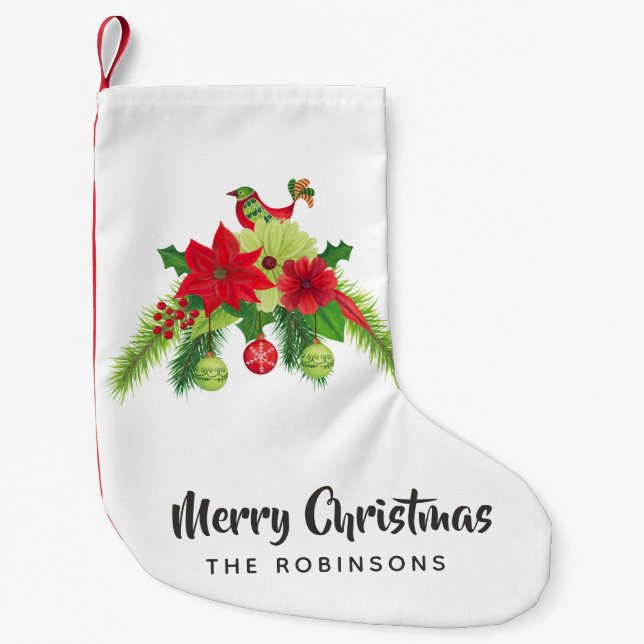 Folk Art Watercolor Floral Christmas Small Christmas Stocking (Front)