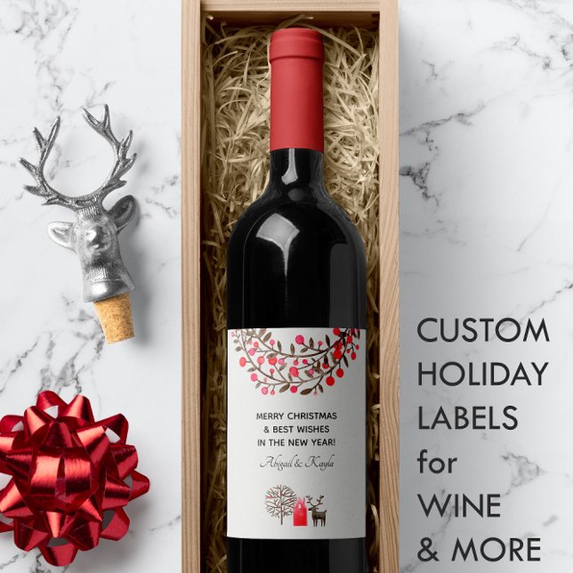 Folk-Art Watercolor Reindeer 🦌 Smoke White  Wine Label (🦌 Cute Watercolor Reindeer Smoke White or Any Color Wine Label 
)