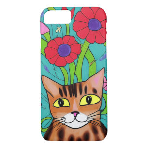 Folk Art Whimsical Cat and Flowers Case-Mate iPhone Case