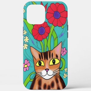 Folk Art Whimsical Cat and Flowers iPhone 12 Pro Max Case