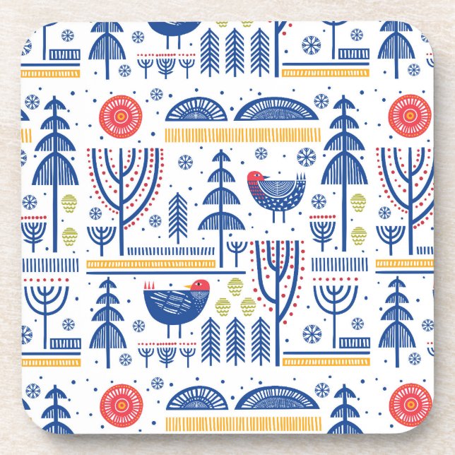 Folk Art Winter Bird Pattern Coaster (Front)