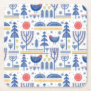Folk Art Winter Bird Pattern Square Paper Coaster