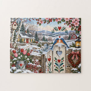 Folk Art Winter Cottage Landscape Jigsaw Puzzle