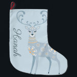 Folk Art Winter Deer Personalised Large Christmas Stocking<br><div class="desc">Deer with folk art designs on light blue background. Personalised with name or title</div>