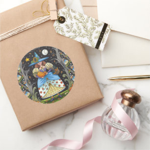 FOLK ART WITCH IN SPOOKY WOODS, BLACK CAT & OWL CLASSIC ROUND STICKER