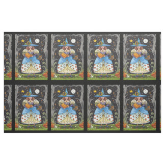 FOLK ART WITCH IN SPOOKY WOODS, BLACK CAT & OWL FABRIC