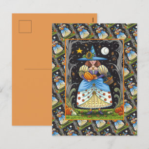 FOLK ART WITCH IN SPOOKY WOODS, BLACK CAT & OWL HOLIDAY POSTCARD