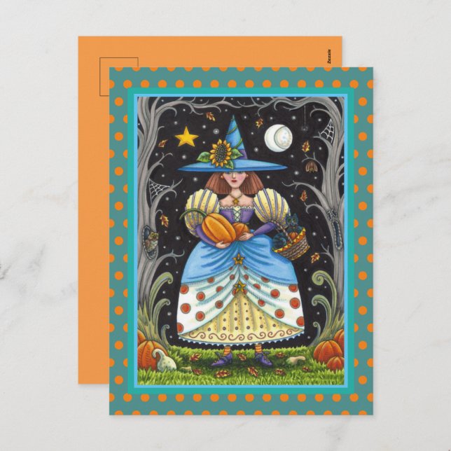 FOLK ART WITCH IN SPOOKY WOODS, BLACK CAT & OWL  HOLIDAY POSTCARD (Front/Back)