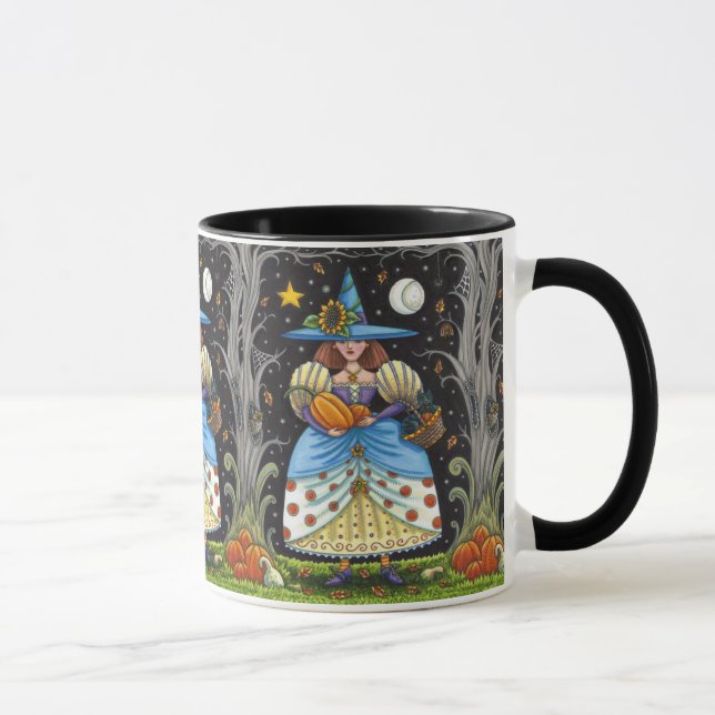 FOLK ART WITCH IN SPOOKY WOODS, BLACK CAT & OWL MUG (Right)