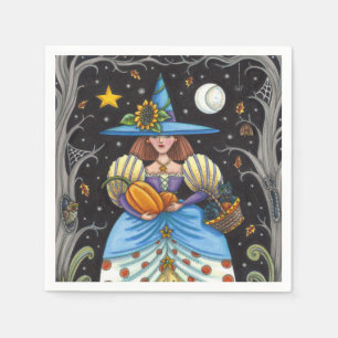 FOLK ART WITCH IN SPOOKY WOODS, BLACK CAT & OWL NAPKIN