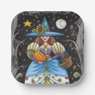 FOLK ART WITCH IN SPOOKY WOODS, BLACK CAT & OWL PAPER PLATE