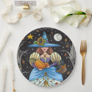 FOLK ART WITCH IN SPOOKY WOODS, BLACK CAT & OWL PAPER PLATE