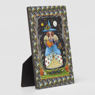 FOLK ART WITCH IN SPOOKY WOODS, BLACK CAT & OWL PLAQUE