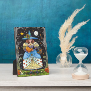 FOLK ART WITCH IN SPOOKY WOODS, BLACK CAT & OWL PLAQUE