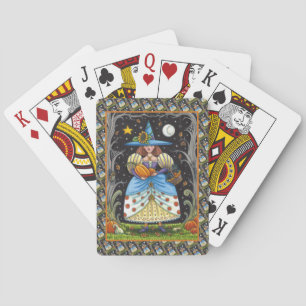 FOLK ART WITCH IN SPOOKY WOODS, BLACK CAT & OWL PLAYING CARDS