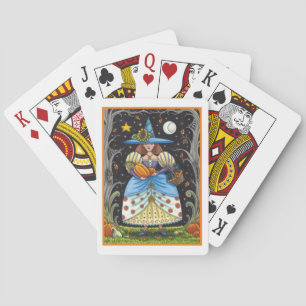 FOLK ART WITCH IN SPOOKY WOODS, BLACK CAT & OWL PLAYING CARDS