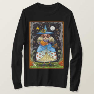 FOLK ART WITCH IN SPOOKY WOODS, BLACK CAT & OWL T-Shirt