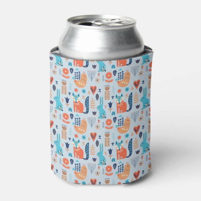 Folk Art Woodland Animal Pattern Can Cooler (Can Front)