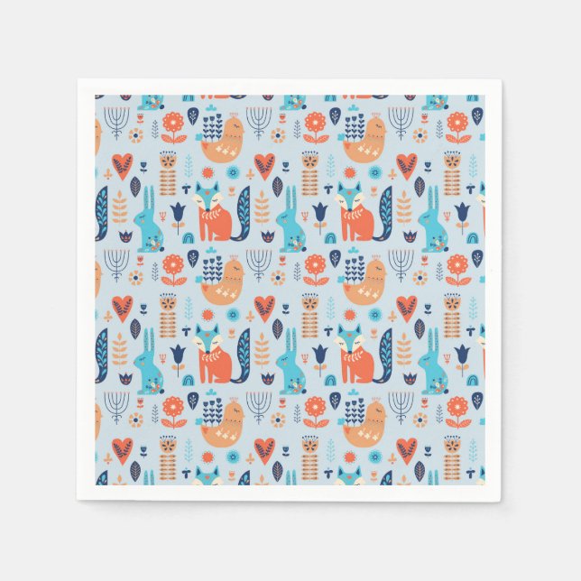 Folk Art Woodland Animal Pattern Napkin (Front)