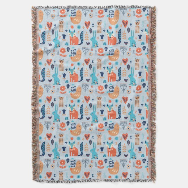 Folk Art Woodland Animal Pattern Throw Blanket (Front Vertical)