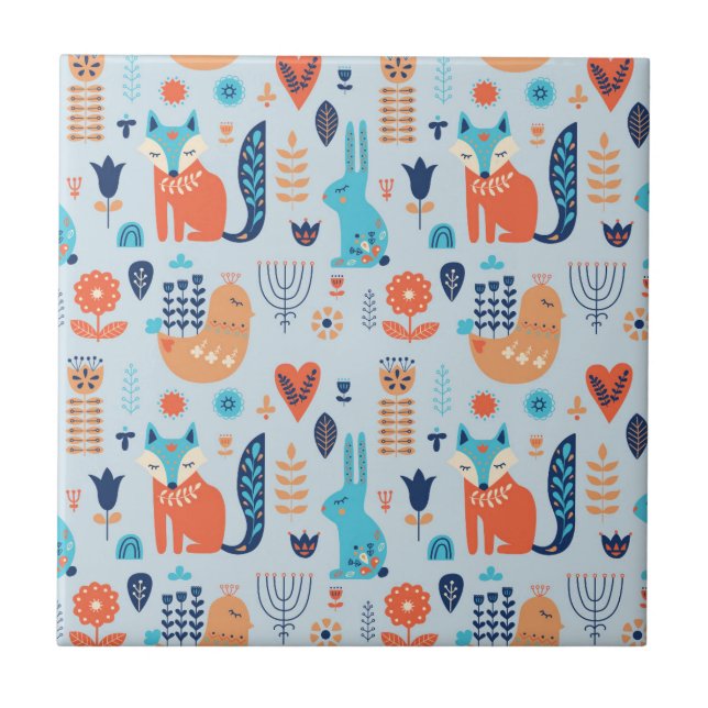 Folk Art Woodland Animal Pattern Tile (Front)