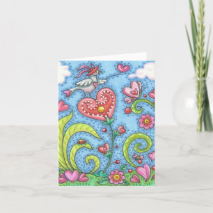 Folk Bird And Hearts Garden VALENTINE NOTE CARD