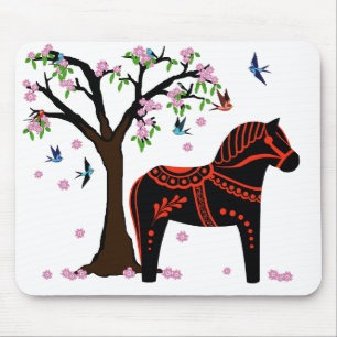 Folk black/red Dala horse, Folk Bird/flower Mouse Pad