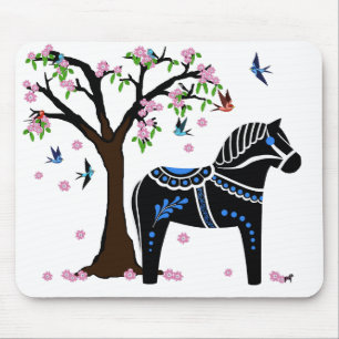 Folk black/white/blue Dala horse, Folk Bird/flower Mouse Pad
