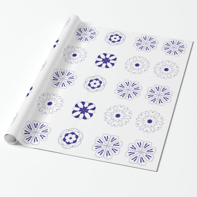 Folk blue flowers pattern wrapping paper (Unrolled)