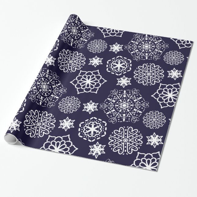 Folk blue mandala flowers seamless pattern wrapping paper (Unrolled)