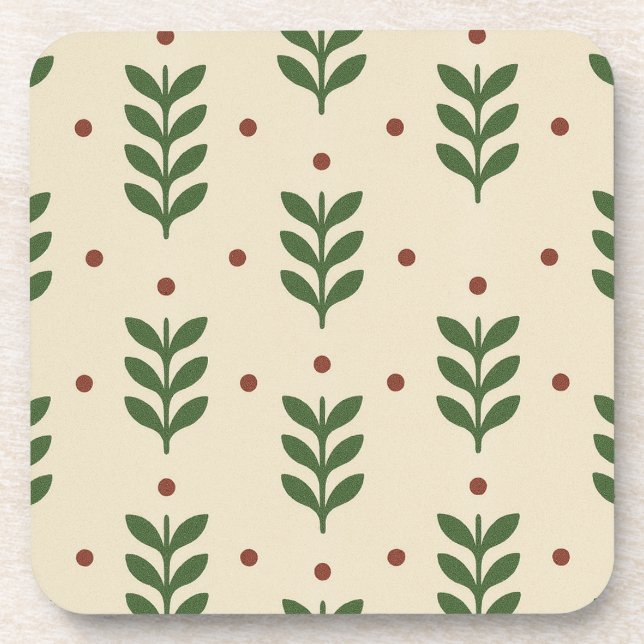 Folk Botanical Leaves Seamless Pattern Coaster (Front)