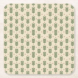 Folk Botanical Leaves Seamless Pattern Square Paper Coaster