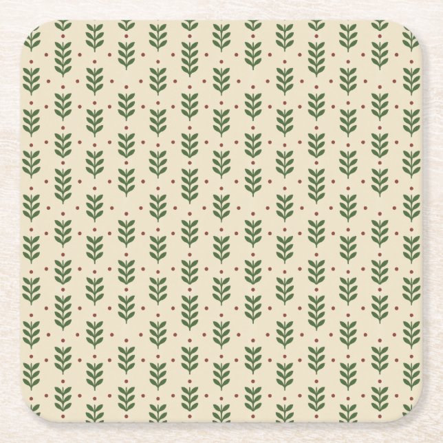 Folk Botanical Leaves Seamless Pattern Square Paper Coaster (Front)