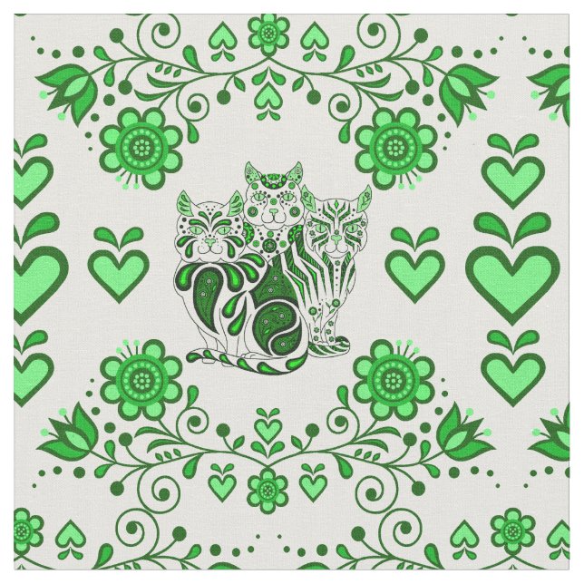 Folk cat/flowers/heart calico cats, green prints 4 fabric (Close Up)