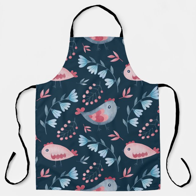 Folk Chickens: Watercolor Seamless Pattern. Apron (Front)