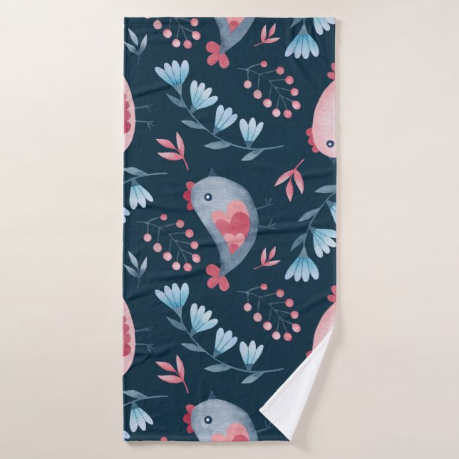 Folk Chickens: Watercolor Seamless Pattern. Bath Towel (Bath Towel)