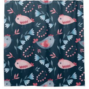 Folk Chickens: Watercolor Seamless Pattern. Shower Curtain