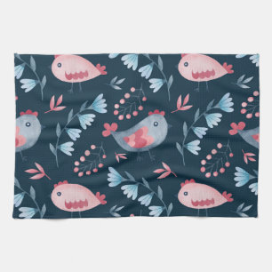 Folk Chickens: Watercolor Seamless Pattern. Tea Towel