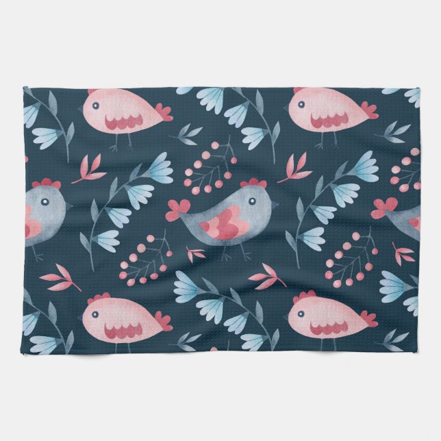 Folk Chickens: Watercolor Seamless Pattern. Tea Towel (Horizontal)