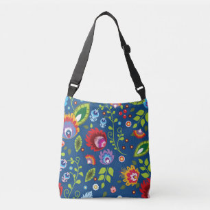 Folk, colorful flowers on classic blue crossbody bag