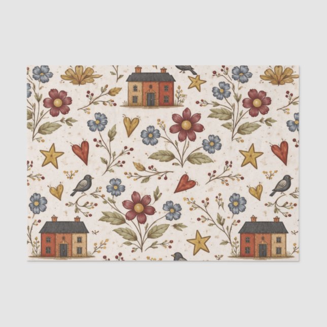 Folk Cottage Hearts Garden Pattern Tissue Paper (Front)