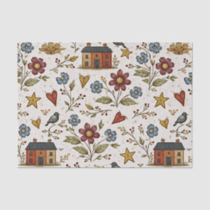 Folk Cottage Hearts Garden Pattern Tissue Paper