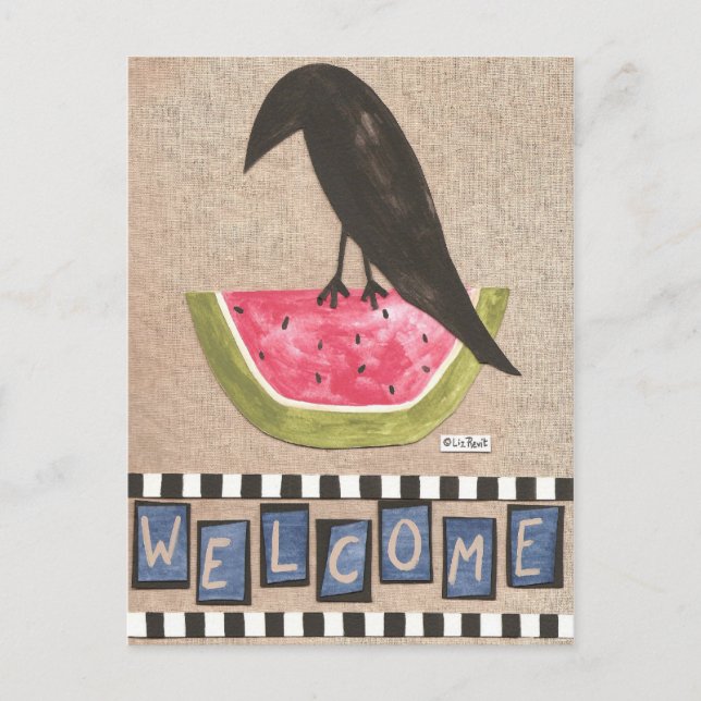 Folk Crow on Watermelon Postcard (Front)