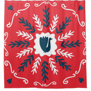 Folk Doodle Art Christmas Tile Shower Curtain